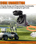 Plug And Play Electric Golf Cart Charger Receptacle Head 3 Pin Replacement For Advanced Ev And Evolution Carts 30 Amp 110 220 Volt Setup close-up with golf cart background.