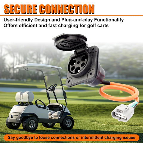 Plug And Play Electric Golf Cart Charger Receptacle Head 3 Pin Replacement For Advanced Ev And Evolution Carts 30 Amp 110 220 Volt Setup close-up with golf cart background.