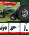 Flat Free Ten Inch Tire And Wheel Replacement For Hand Trucks And Wheelbarrows 4.10 3.50 4 Solid Wheel displayed with carts