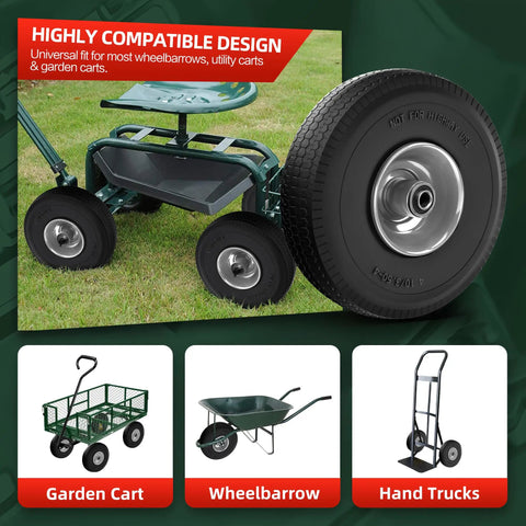 Flat Free Ten Inch Tire And Wheel Replacement For Hand Trucks And Wheelbarrows 4.10 3.50 4 Solid Wheel displayed with carts