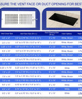 Chart showing various sizes of Magnetic Vent Covers 2-Pack for Floor Wall or Ceiling Vents 9.5 x 16 White Complete Seal.