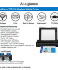 Portable Wireless Color Mobile Printer With Built In Battery For On The Go Printing, Compact Travel Friendly Design, Flexible Battery Charging Options For Photos And Documents chart with features and ink cartridges