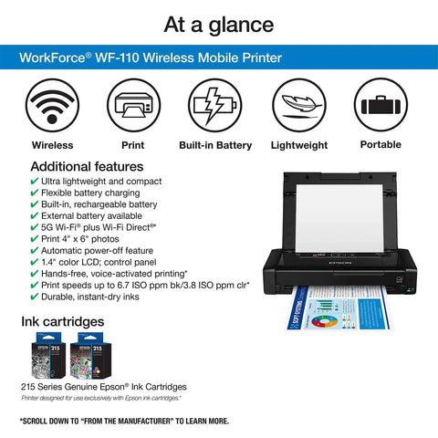 Portable Wireless Color Mobile Printer With Built In Battery For On The Go Printing, Compact Travel Friendly Design, Flexible Battery Charging Options For Photos And Documents chart with features and ink cartridges