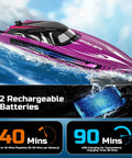 Fast Remote Control Boat For Adults With LED Lights And Self Righting, 15 MPH Racing RC Boat With 3 Speed Modes, Purple WF17