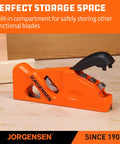 Shop Tough O1 Steel Chamfer Plane With Four Swappable Corner Edging Cutters For Buttery Smooth Wood Trimming And Top Shelf Detail Finishes Plus Dead Easy Built In Storage Keeps Your Garage Gear Tidy And Ready For Any Big Weekend Build - close-up of built-in storage compartment.