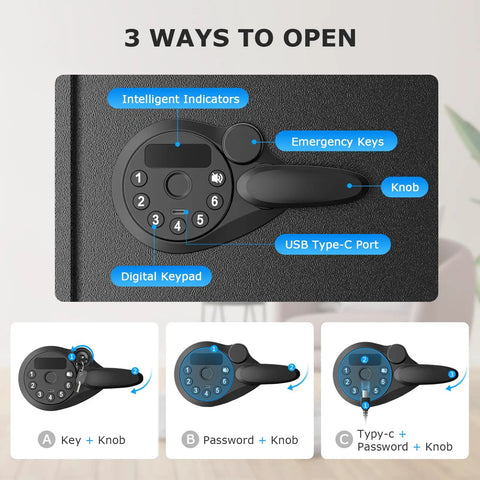Diagram showing 3 ways to open 0.6 Cubic Foot Digital Safe With Electronic Keypad And Removable Shelf For Valuables Jewelry And Documents
