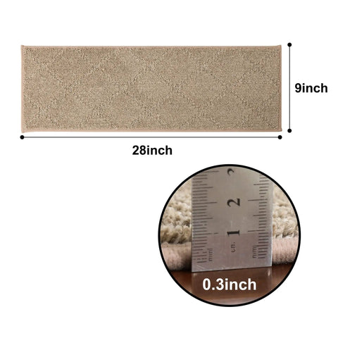 Non Slip Stair Treads For Wood Steps 28x9 Inch Beige 15-Pack Indoor Runner Mats With TPE Backing showing dimensions and thickness