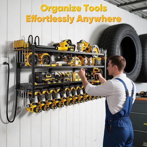 Person organizing tools on 49.5 Inch Wide Power Tool Organizer Wall Mount With Built In Charging Station And Four Tier Heavy Duty Drill And Tool Holder For Garage Pro Grade Supports Up To 800 LB Load Battery Storage Rack And Built In Eight Outlet Power Strip, mounted in garage.