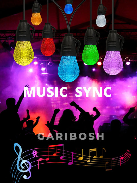 49ft Outdoor Patio String Lights With LED Bulbs Waterproof Hanging Lights For Outside White Color App Control Makes Your Backyard Vibes Lit Up showcasing color options with music sync.