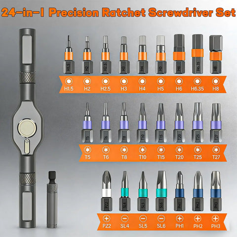 Image of a 24 In 1 Magnetic Ratchet Screwdriver Set Featuring Detachable Handle And Integrated Mini Wrench with various bits.