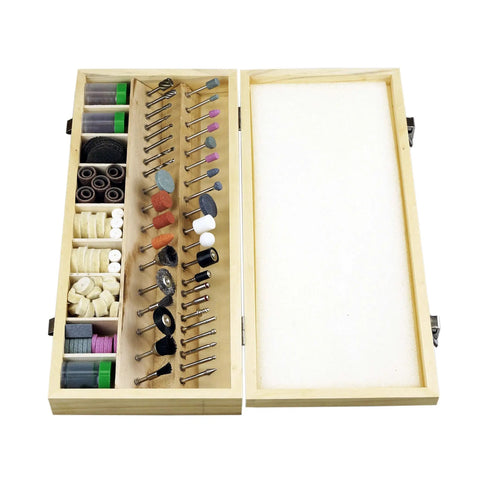 All In One 228 Piece Rotary Tool Accessories Kit For DIYers With One Eighth Inch Shank For Polishing, Grinding, Engraving Includes Sanding Bands, Grinding Stones, Wool Felt Wheels, And Wooden Case RA9228 displayed open