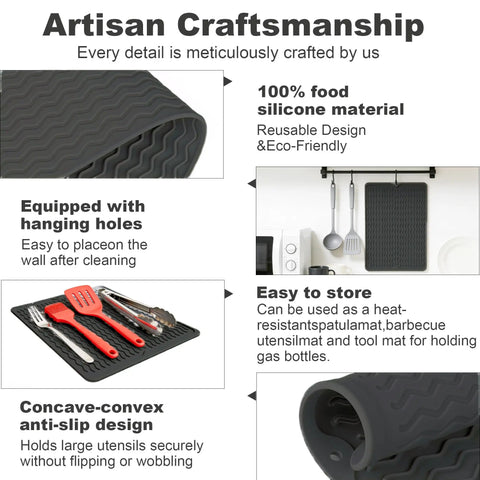 Versatile Silicone Grill Mat For Side Shelves And Counters Fits Blackstone Weber Traeger Pit Boss Flat Top Grills And Smokers Keeps Counters Clean And Organized Great Gift For Grill Pros And Lovers; various features shown, including storage, material, and design.