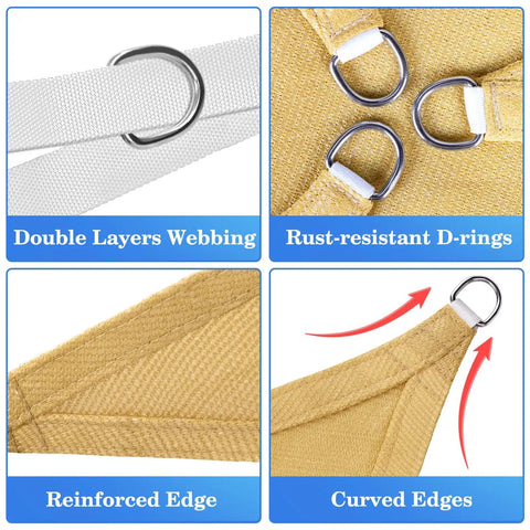 Rugged Heavy Duty Sun Shade Sail For Outdoor Patio And Backyard, UV Protection Canopy, close-up of D-rings and fabric edges.