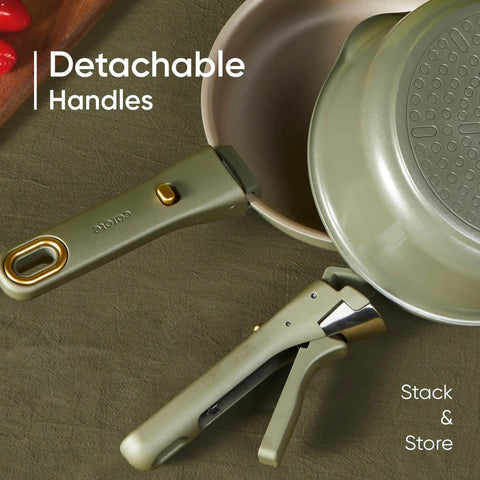 Detachable handles of 19 Piece Nonstick Pots And Pans Set With Detachable Handle For Easy Cleanup, Oven Safe Cookware, Green