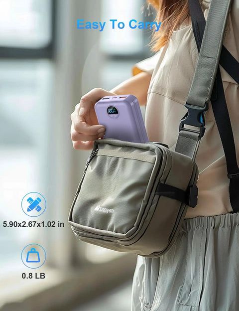 Person placing High Capacity 20000mAh Portable Charger With Built In Cables And Wall Plug USB C Fast Charging Power Bank into a bag.