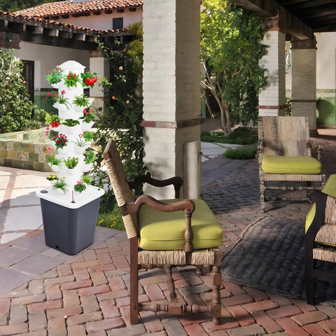 Vertical Hydroponic Tower Kit For Indoor Herb And Veggie Garden, 30 Plant Slots, Silent Water Pump, Timer And Adapter on patio
