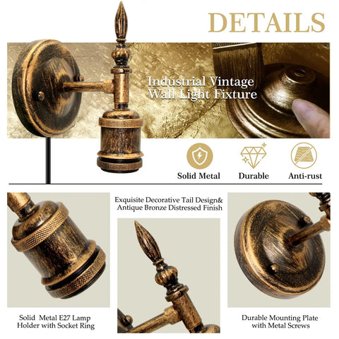 Steampunk Plug in Wall Sconces Set of Two, Wall Lamp Industrial, rustic wall light fixture with antique bronze finish and E27 socket.