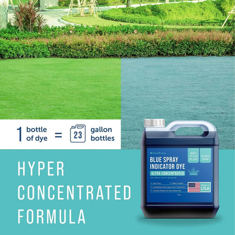 Front view of MapleField Blue Spray Indicator Dye, 8 oz bottle with pipette, blue lawn dye for sprayers.