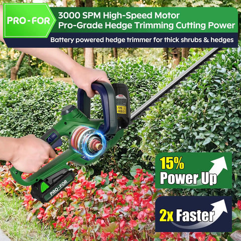 Person using cordless hedge trimmer with battery and charger for quick yard work 20V power tool 22 inch dual action blade.