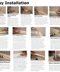 Step-by-step installation guide for Solid All In One Basement Flood Defense System, showing adhesive application and layout details.