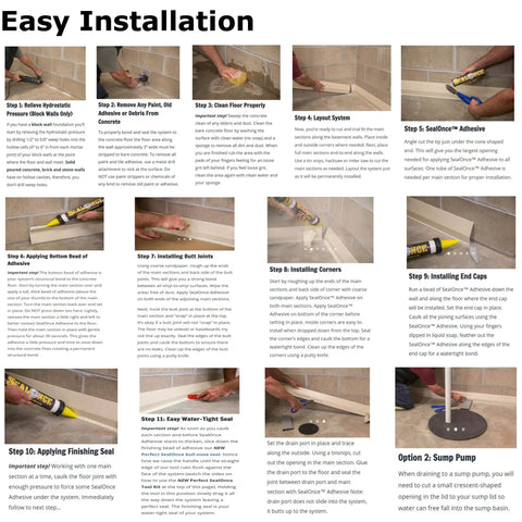Installation steps for 25 Ft Interior Waterproofing Drain Tile System For Damp Basements With Heavy Duty Sump Pump, Baseboard Channel Gutter, Concrete Adhesive And Tools For A No Sweat Diy Installation.