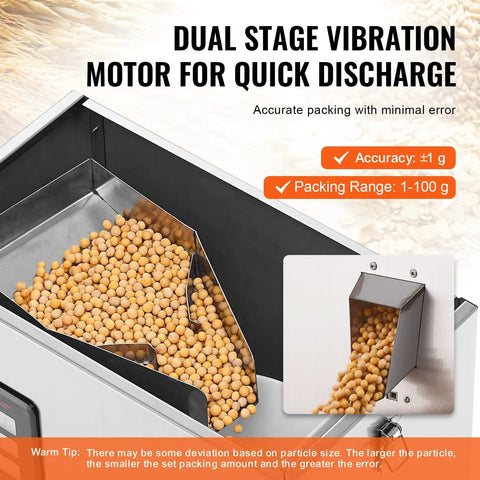 Straight Up Automatic Weighing And Sealing Bag Packing Machine For Flours Beans Grains 1 To 100 Grams, showcasing dual stage vibration motor and packed grains.