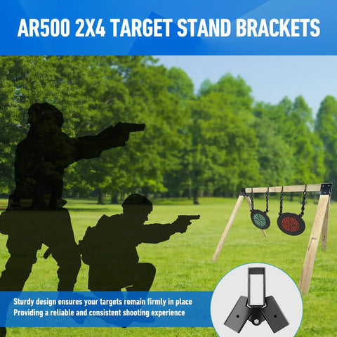 Beefy Heavy Duty 2x4 Target Stand Brackets For AR500 Targets shown in outdoor setup with adjustable A-frame base and steel construction.