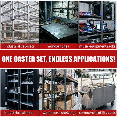Heavy Duty 5 Inch Scaffold Rollaway Casters 4 Pack With Dual Brakes on industrial cabinets, workbenches, and utility carts.