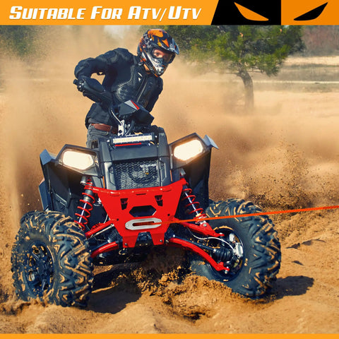 ATV equipped with 4500 Pound 12V DC Waterproof Electric Winch Kit for towing on a muddy trail, showing synthetic rope in use.