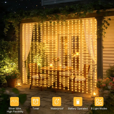 Curtain Lights Battery Operated 300 LED Fairy String Lights 9.8 Foot By 9.8 Foot Backdrop For Bedroom Wedding Indoor Decor Warm White Cordless With Timer Dense Glow For Large Windows