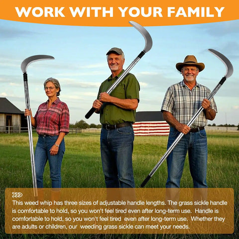 Family using Long Reach Weeding Tool Set With Serrated Double Edged Blade in a field for easy yard work and cleanup.