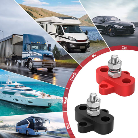 12V 250A Power Distribution Block Set With Single 5/16 Inch Studs, Positive And Negative Battery Post Junction Blocks For Marine Automotive Car Boat And Solar Systems, images of vehicles and blocks.