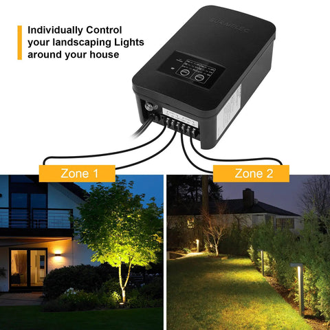 Low Voltage Landscape Lighting Transformer With Photocell Sensor And Timer, dual zone control for garden pathway and step lights.