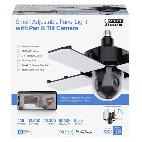 Smart Garage Ceiling Light With Camera And WiFi Security, 12,000 Lumens Dimmable LED, E26 Base packaging with features.