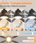No Sweat 96 Inch Industrial Ceiling Fan With Bright Led Lights And 15000 Cfm Airflow showcasing 3 color temperatures 3000K, 4500K, 6000K.