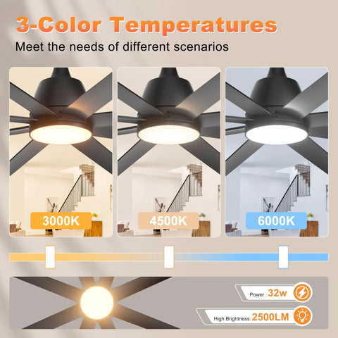 No Sweat 96 Inch Industrial Ceiling Fan With Bright Led Lights And 15000 Cfm Airflow showcasing 3 color temperatures 3000K, 4500K, 6000K.