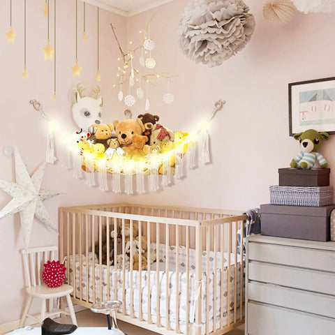 Stuffed Animal Hammock With LED Light Large Plushie Net Storage For Kids Room Decor Corner Toy Organizer For Cozy Playroom