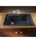Top view of a modern kitchen sink installed in a granite countertop with a chrome faucet