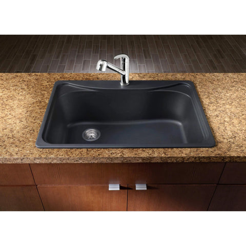 Top view of a modern kitchen sink installed in a granite countertop with a chrome faucet