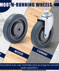 Heavy Duty 5 Inch Shopping Cart Wheels 4 Pack Polyurethane Rollers With Secure Axle Bolts displayed on tile, wood, and cement surfaces.