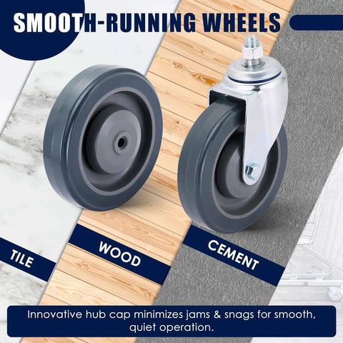 Heavy Duty 5 Inch Shopping Cart Wheels 4 Pack Polyurethane Rollers With Secure Axle Bolts displayed on tile, wood, and cement surfaces.