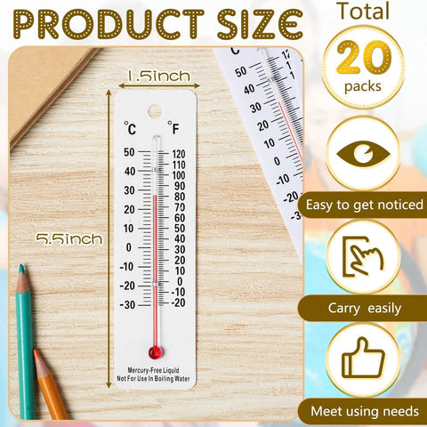 20 Pack Mercury Free Science Thermometers Dual Scale For Classroom Teaching Tools Boiling Point Safe Student Lab Supplies White Durable Easy To Read And Kid Friendly 1.5x5.5 in PVC