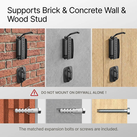 Four Pack Heavy Duty Bike Wall Mounts With Swivel Hangers, Holds Up To 77 Lbs Each on brick, concrete, and wood walls