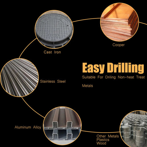Diagram showing metals like cast iron, copper, stainless steel, and aluminum alloy for Three Sixteenth Inch HSS M35 Cobalt Twist Drill Bits.