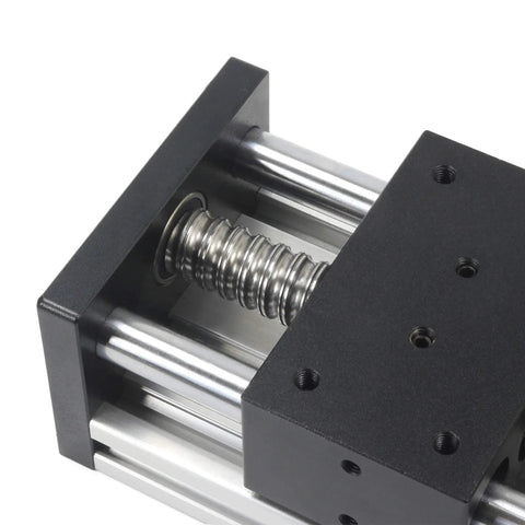 Close-up of Pro Grade 100mm CNC Linear Stage Actuator with Dual Optical Axis Rails and 1605 Ball Screw for DIY CNC Router Machine
