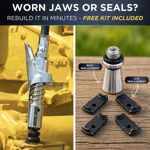 Locking Grease Gun Coupler That Stays On Tight For Zerk Fittings No Leaks Or Slip Off Easy Release Under Pressure Handles Up To Ten Thousand PSI One Eighth Inch NPT Fits All Grease Guns Steel Jaws Rebuild Kit Included with steel replacement parts
