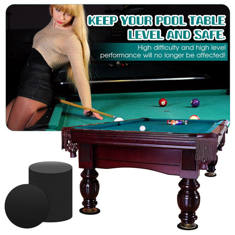Woman playing pool with text overlay, alongside 50 Pieces Billiard Pool Table Leg Shims Set 3 Inch Diameter Rubber Levelers.