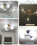 Collage of Cool Three Light Globe Sputnik Ceiling Light In Gold Finish With Milk Glass Shades in various rooms and angles.