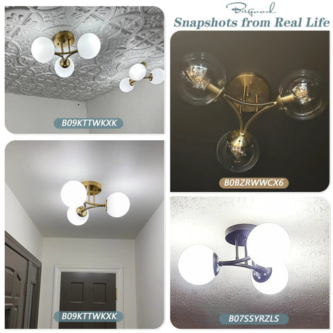 Collage of Cool Three Light Globe Sputnik Ceiling Light In Gold Finish With Milk Glass Shades in various rooms and angles.