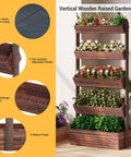 Vertical Wooden Five Tier Garden Bed With Five Planter Boxes Freestanding Plant Stand For Herbs Flowers Vegetables And Succulents Perfect For Small Spaces On Balconies Patios Or Indoors A Space Saver Carbonized Wood Finish For Outdoor Or Indoor Use with non-woven liner, adjustable planters, and base drainage.